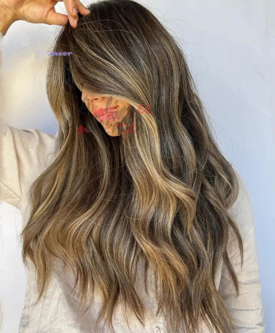 European Brazilian Human Hair Wavy blonde Balayage Brunette Full Lace Wigs ,16inch Natural Brown Highlights Lace Frontal Wig premium
