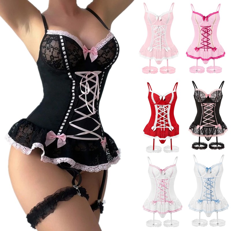 Elegant Women's Lolita Style Lacy Ruffled Lace-Up Bodice & Thong Garter Set with Bowknot Detail and Leg Bands