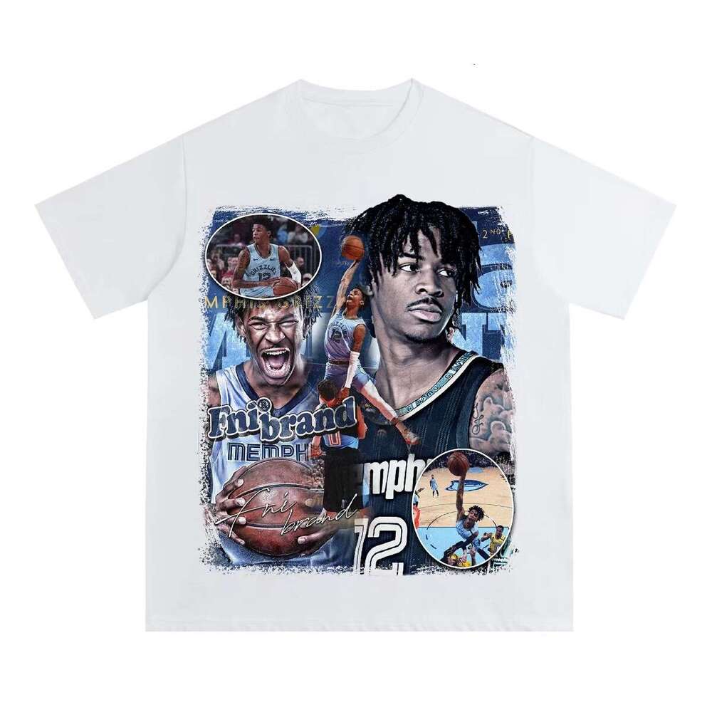 Morant vintage washed star print American hip-hop high street basketball summer men's and women's short sleeved shirt