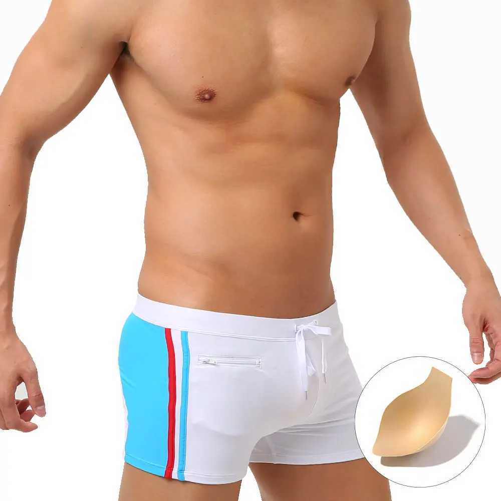 Color matching fashion boxer swimming pants with cup anti-light three-dimensional bag color beach pants boxers M250218