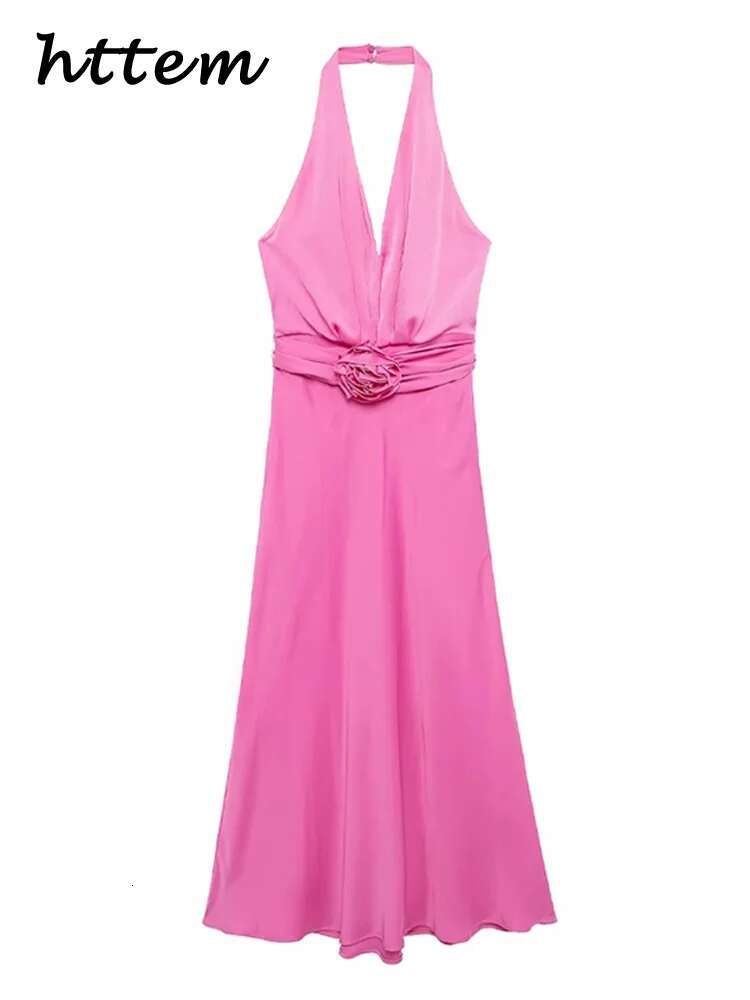 Elegant 3D Wers Halter Party Dress Women Sexy Backless Sleeveless Lace Up Pleated Dresses 2024 Summer Lady Solid Evening Robe