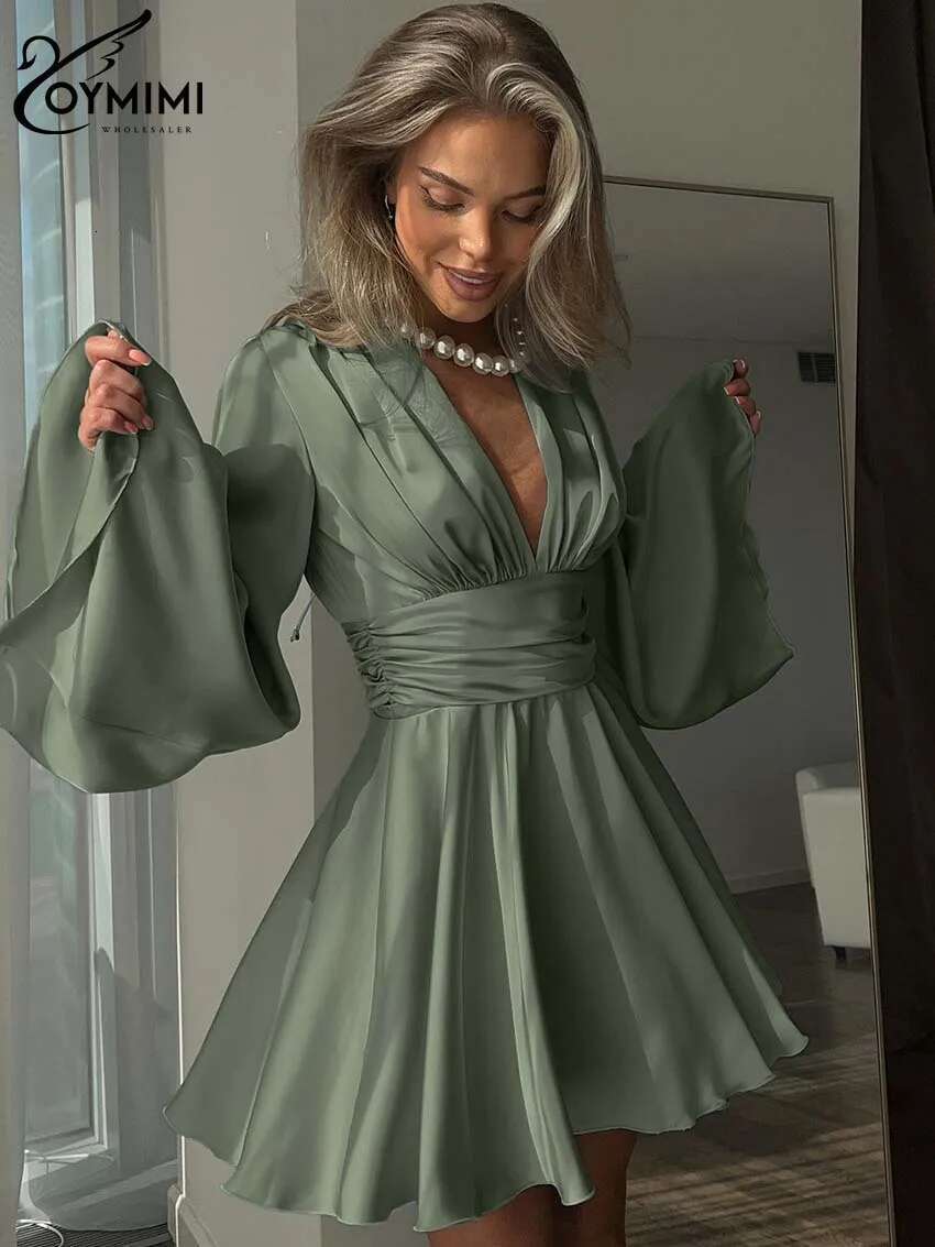 Oymimi Fashion Green Satin Women's Dress Elegant Deep V-Neck Long Sleeve Autumn High Waist Pleated Mini Dresses Female