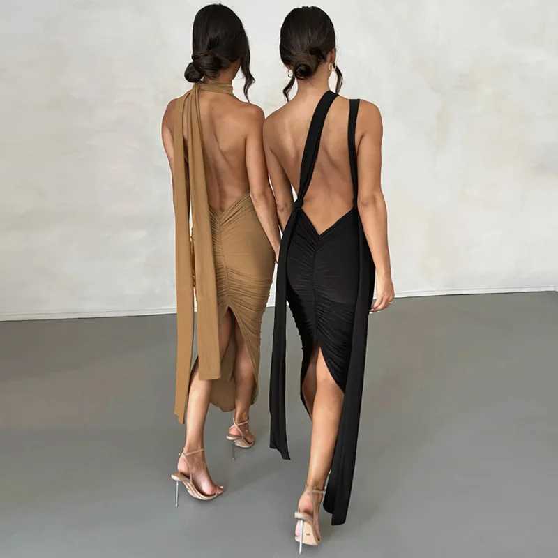 Basic Casual Dresses Lygens Backless Dp V Ruched Slit Slveless Midi Elegant WomenS Dresses 2024 Summer Evening Party Club Prom Casual Clothes H25217