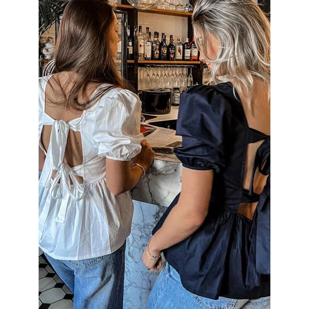 Fashion Backless Short Sleeve Shirts For Women Casual Back Lace Up Tops 2024 Spring Summer Chic Ladies Shirt Loose Streetwear