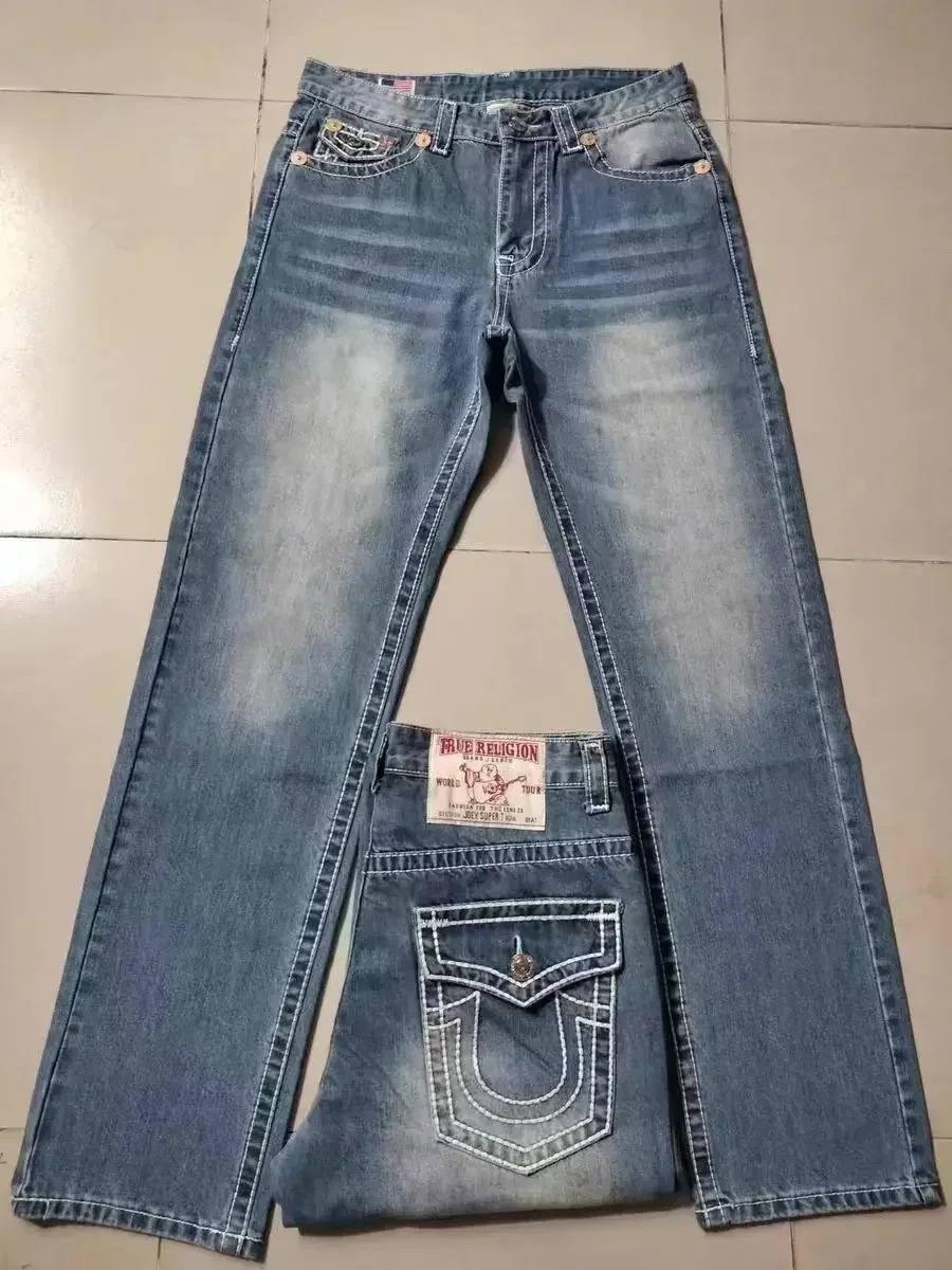 Style Blue Embroidered Cross Pattern Jeans Street Harajuku Casual Hip Hop Men and Women Y2k American Retro Jeans 250217 - view 7