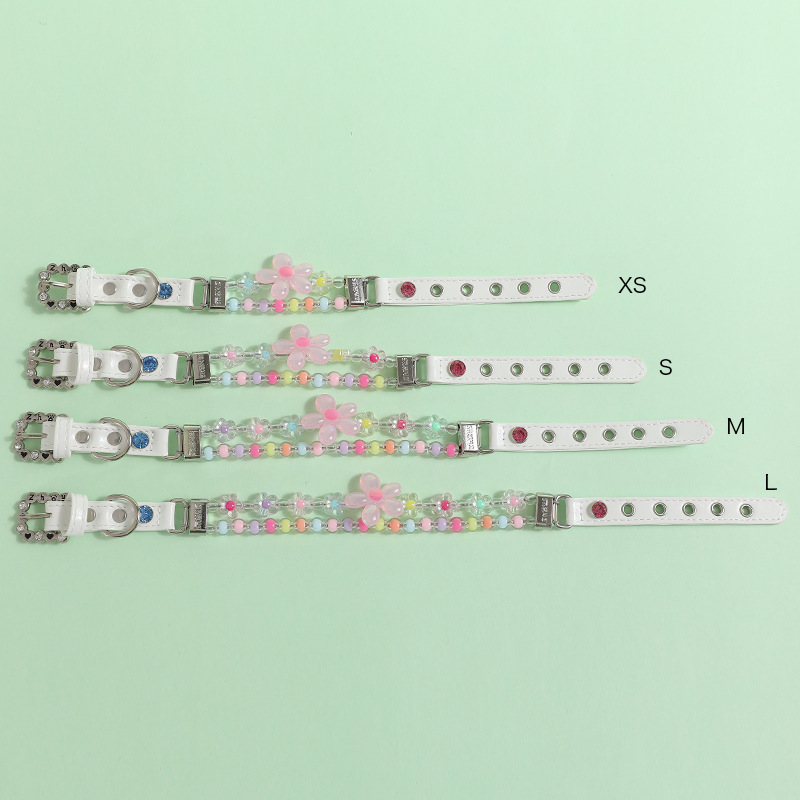 Fashion Dog Leather Collar with Colorful Beads and Small Flowers, Dog Collar Leash Set for Small Medium Dogs, Pet Neck Decoration, Adjustable Dog Acce