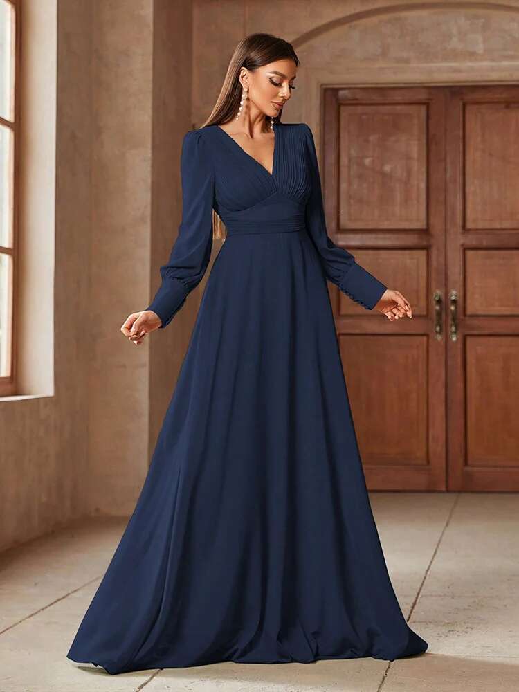 TOLEEN 2024 New Spring Summer Elegant Formal Party Evening Clothing Women's Simple V-Neck Solid Color Long Sleeve Dresses