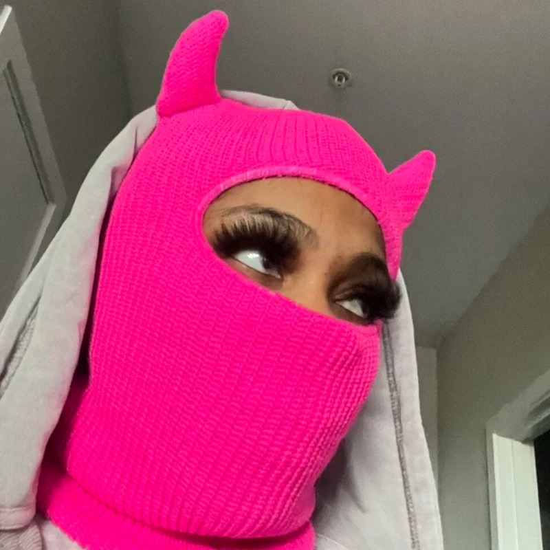1pc Monster Ears Ski Mask Balaclava Solid Color Beanie Y2K Knit Hat Elastic Skull Hat Warm Outdoor Cycling Windproof Knitted 250218