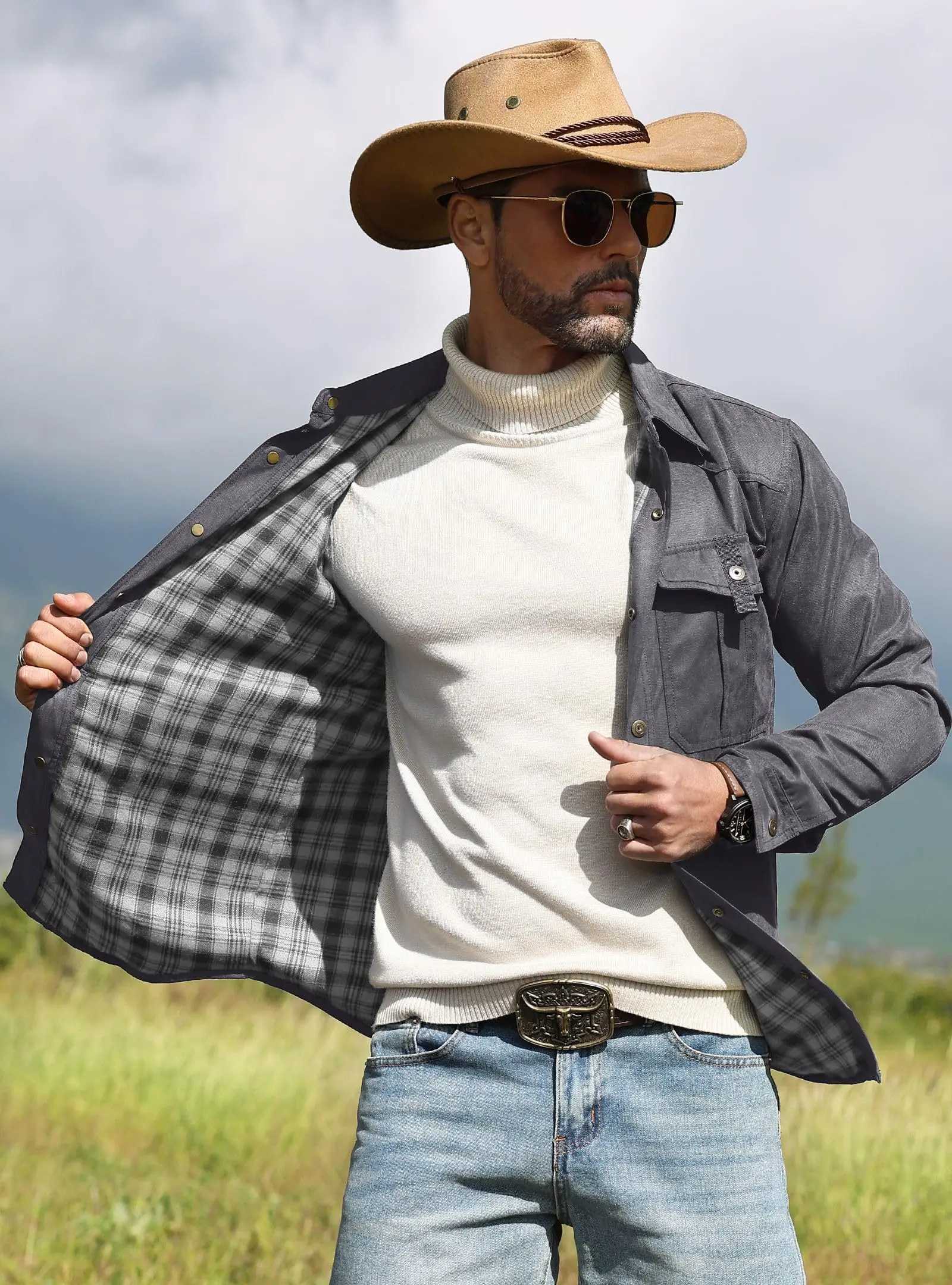 Mens Shirt Jacket Shacket with Flannel Lined Casual Snap Button Overshirt Western Cowboy Jackets Fall Clothing W250217