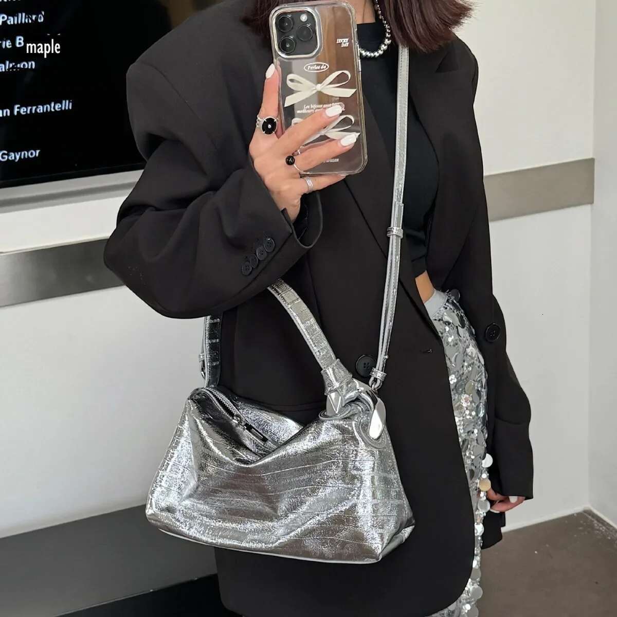 Ins Chic Sier Gold Color Designer Bowg Tote Genuine Cow Leather Women's Shoulder Bag High Quality Autumn Office Handbag