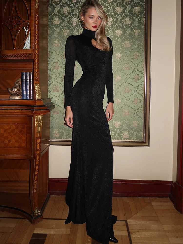 Basic Casual Dresses Fantoye Turtleneck Bright Silk Shiny Women Maxi Dress Black Hollow Out Long Slve Dress Winter Slim Elegant Party Evening Dress H2