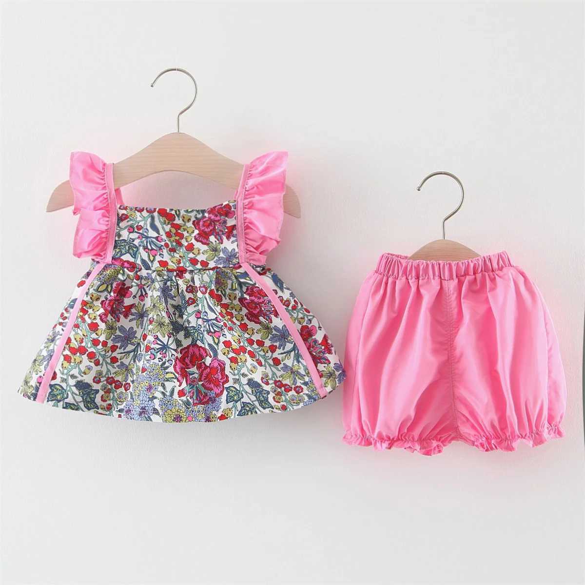 Girls summer new sleeveless shoulder strap floral top+PP pants two-piece set suitable for infants aged 0-3 W250218