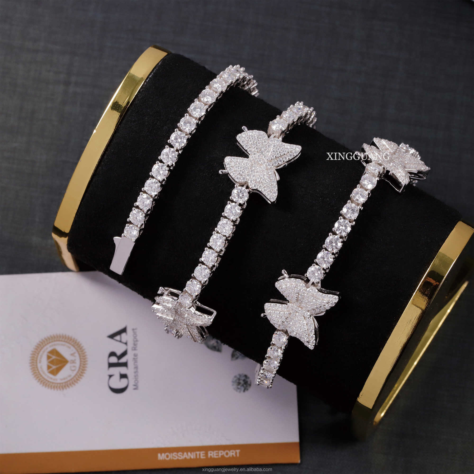 Trendy 925 Sterling Silver Iced VVS 3mm Moissanite Diamond Tennis Chain Bracelet White Gold Plated Butterfly Tennis Chain