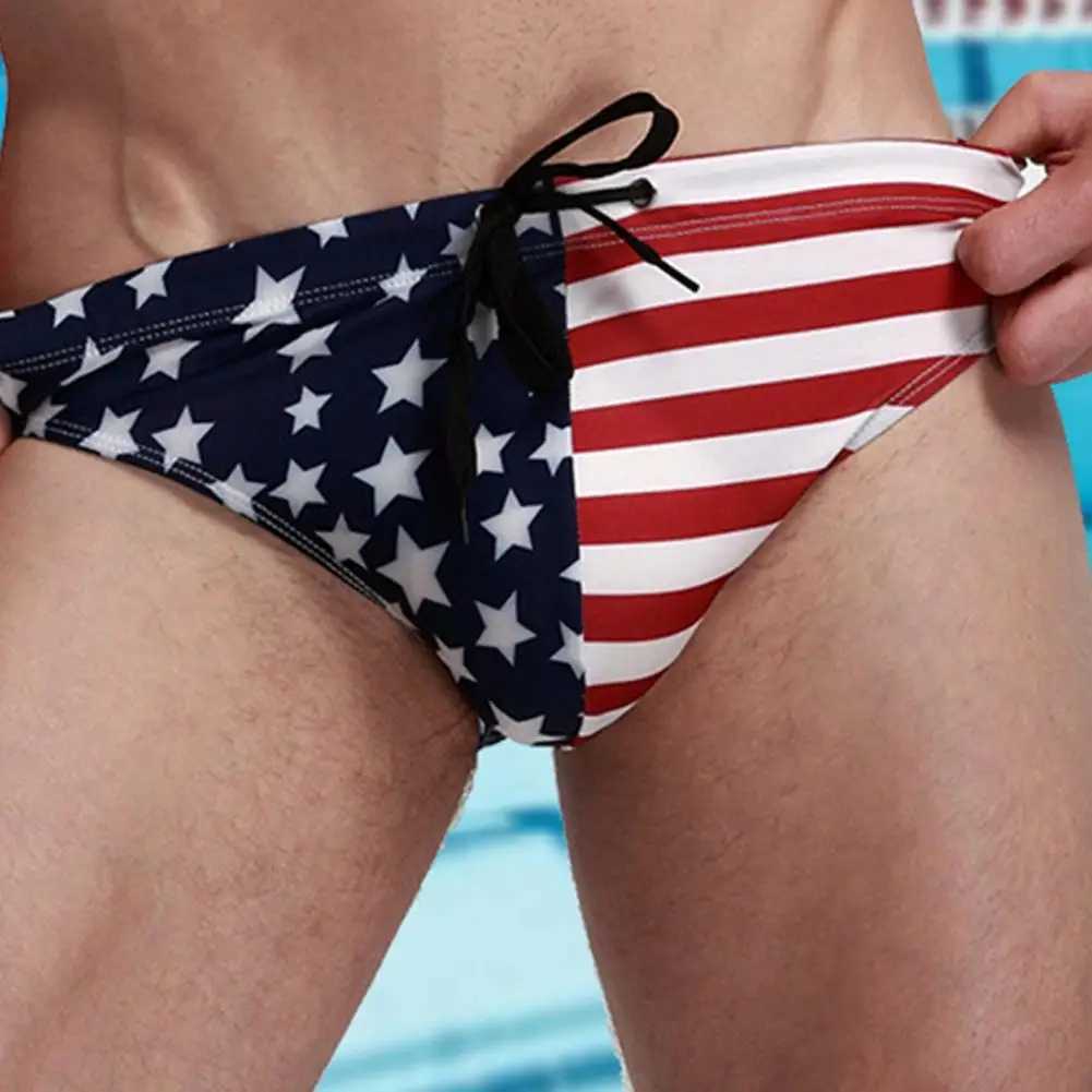 Breathable Men Swim Briefs Trunks Washable Stretchy USA Flags Design Swimming Trunks for Water Activity M250218