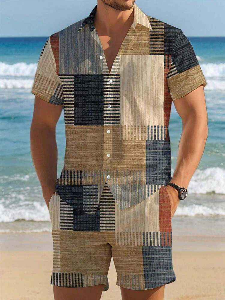 Summer Everyday Mens Short-sleeved Shirt Street Fashion Beach Shorts Patchwork Striped Print Mens Casual Shirt And Shorts Set 250217