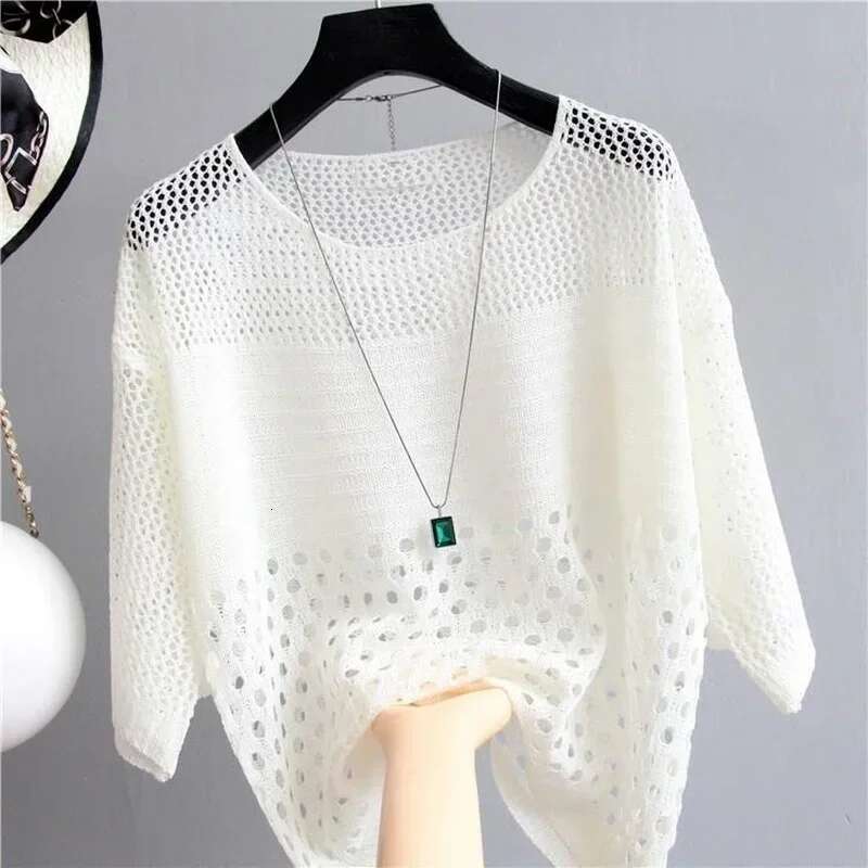 Spring And Summer New Ice Silk Hollow Out Knitted Top Thin Bottoming Sg Streetwear Womens Clothing White Shirt Elegant Blouse