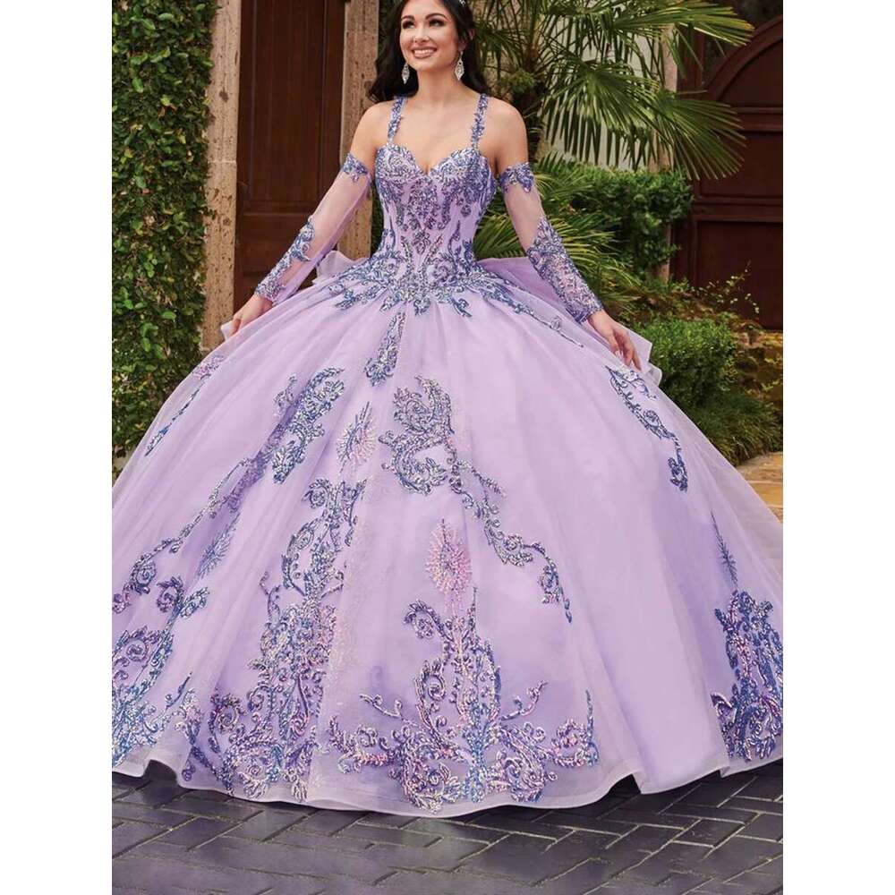Quinceanera Shiny Dresses Beading Party Elegant Court Trian Evening Prom Dress For Women Birthday Tulle Applique Ball Gown