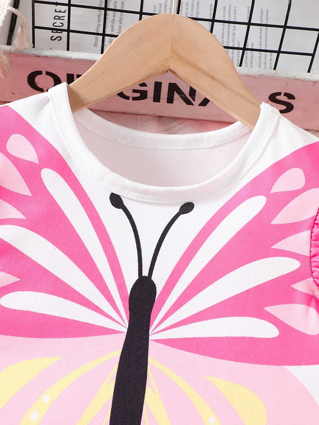 Summer girls short sleeved shorts two-piece set sleeveless T-shirt and shorts set butterfly print T-shirt solid color shorts W250218