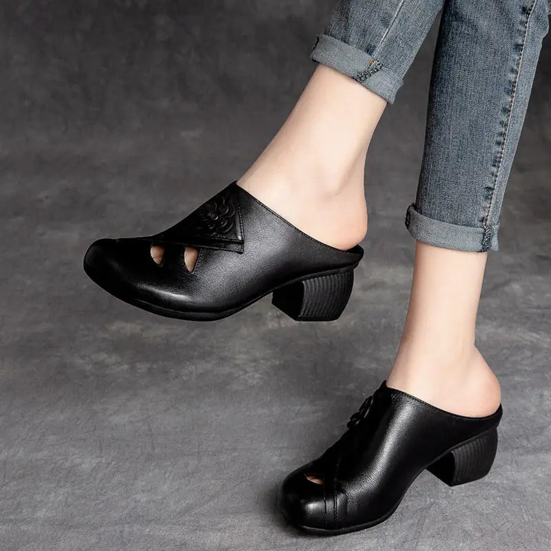 Retro Women Slippers Soft Shoes Close Toe High Heels Slides Black Mules Flip Flops for Summer Medium Heel Slides 250217