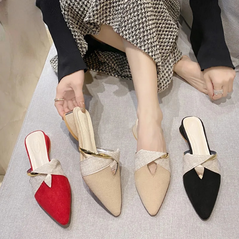 Womens Closed Toe Slippers 2024 Korean Style Fashionabl Pointed Toe Women Shoes Comfortable Low Heel Mules Zapatillas Mujer 250217