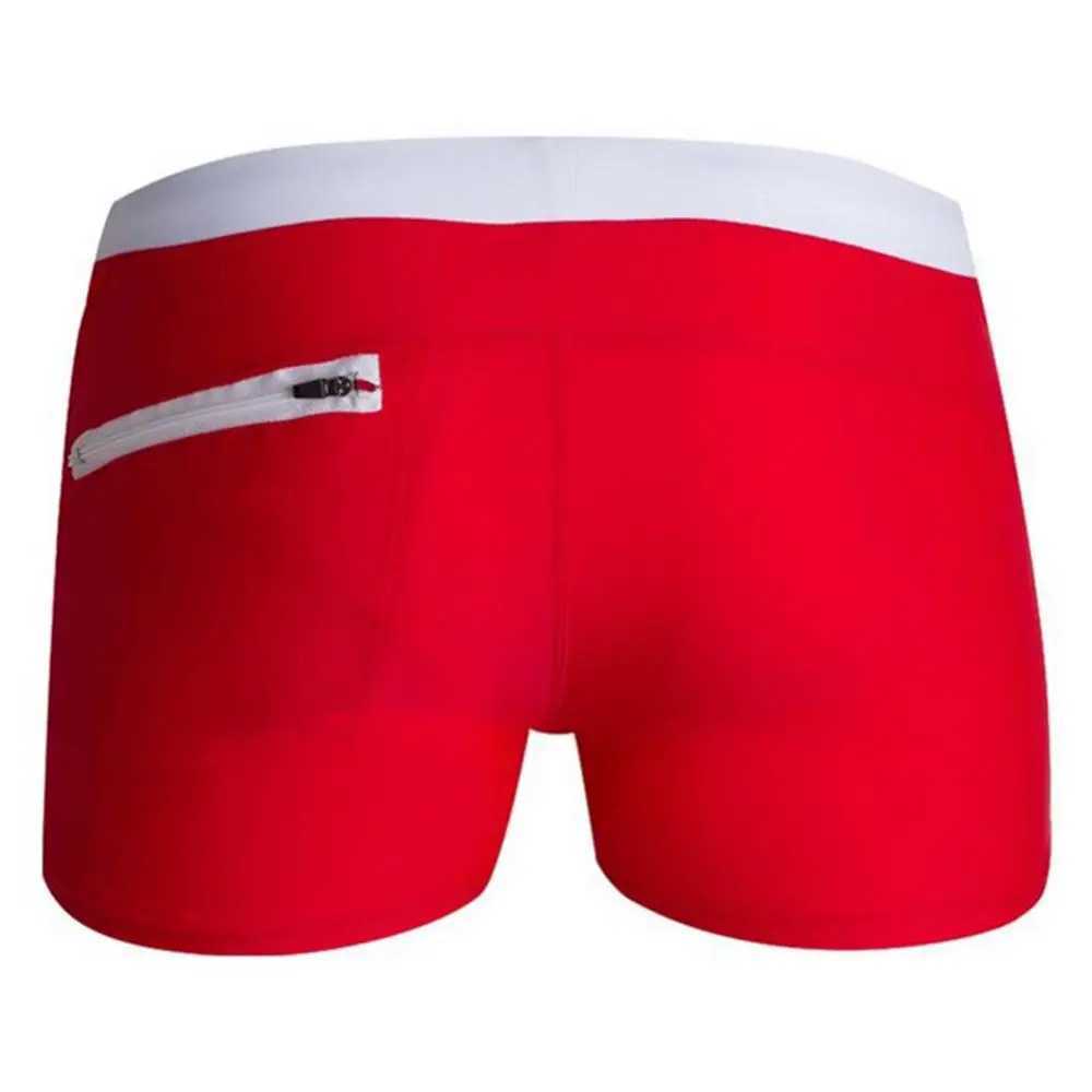 Sexy tight bright red block zipper pocket drawer mens underwear beach swimsuit shorts swim trunks M250218