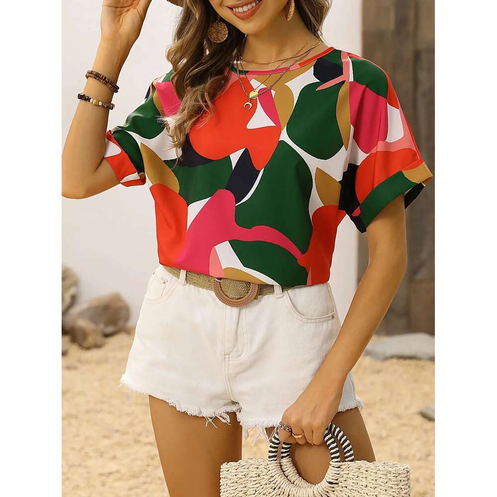 New Elegant Red Short Sleeved Shirt, Women's Clothing