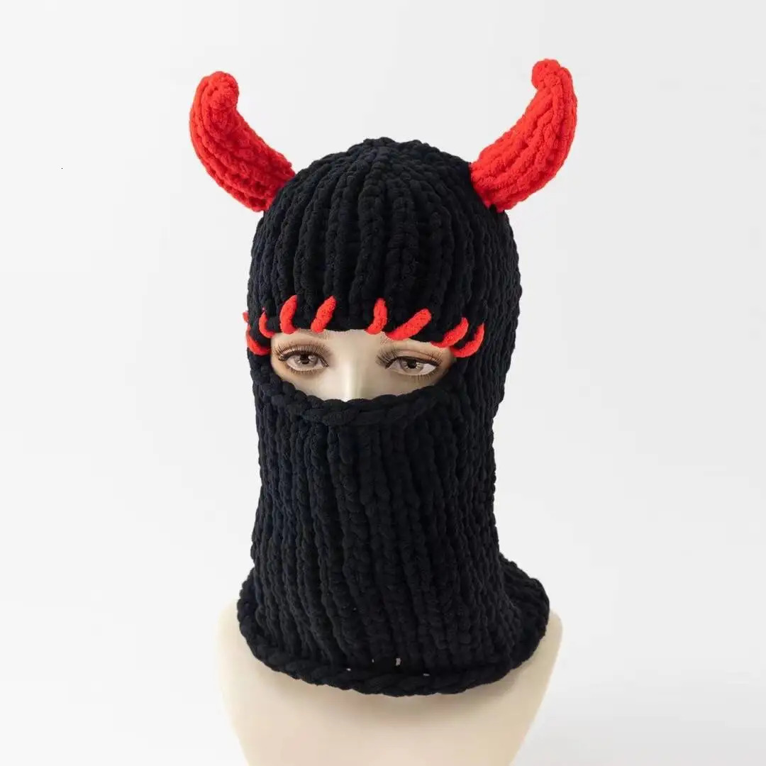 Y2K Long Rabbit Ear Funny Balaclava Hat Winter Thicken Warm Hand Made knitted Beanie Halloween Party Ski Mask Skullies Cap 250218