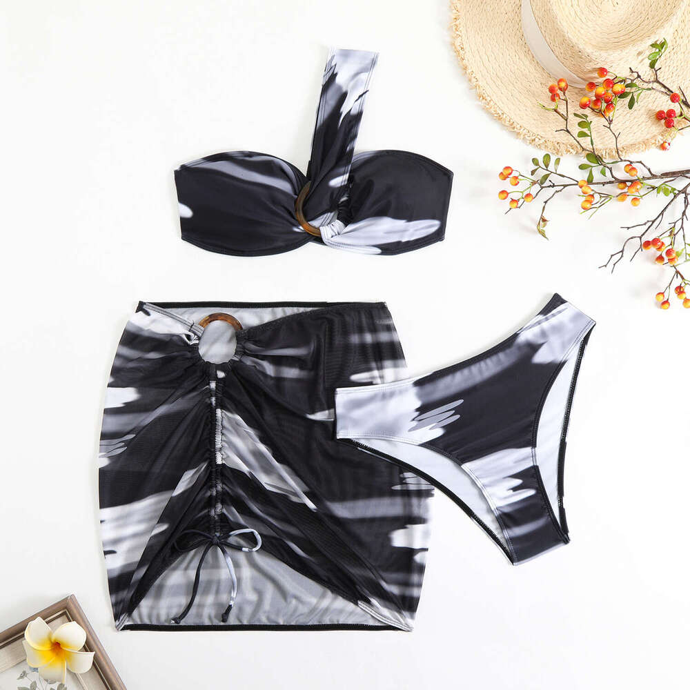 Langxin 2025 New Split Bikini Three Piece Set Printed Sexy Single Shoulder Drawstring Swimsuit Triangl Bikini Designer Swimsuit Women Swimwear Sexy Ne