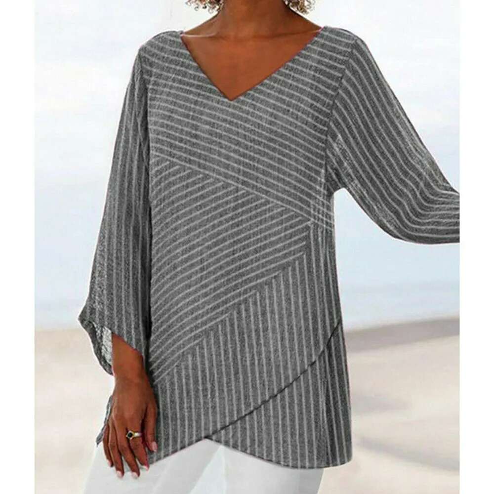 Jocoo Jolee Spring Oversized Striped Long Sleeve V Neck Baggy Blouse Ladies Summer Tunic Tops Casual Loose Shirt
