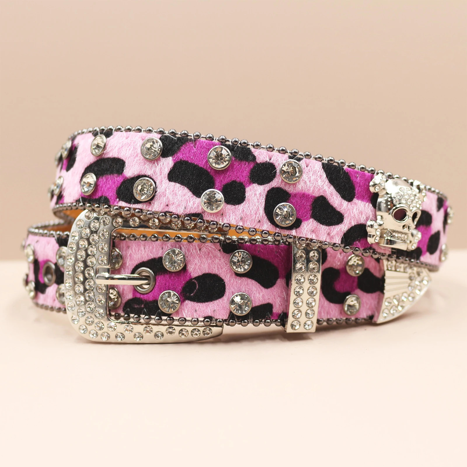 3.3cm Leopard print Western Rhinestone Belt For Woman Man Diamond Studded Belts Buckle Vintage Rivet Ceinture Belts 250218