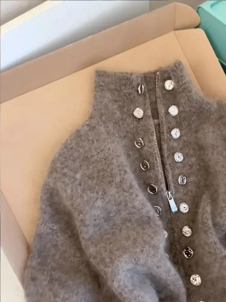 fluffy knitted cardigan sweater with double chest sweater jacket for womens autumn high-end lazy zipper 2000s Y2k knitted top 250214