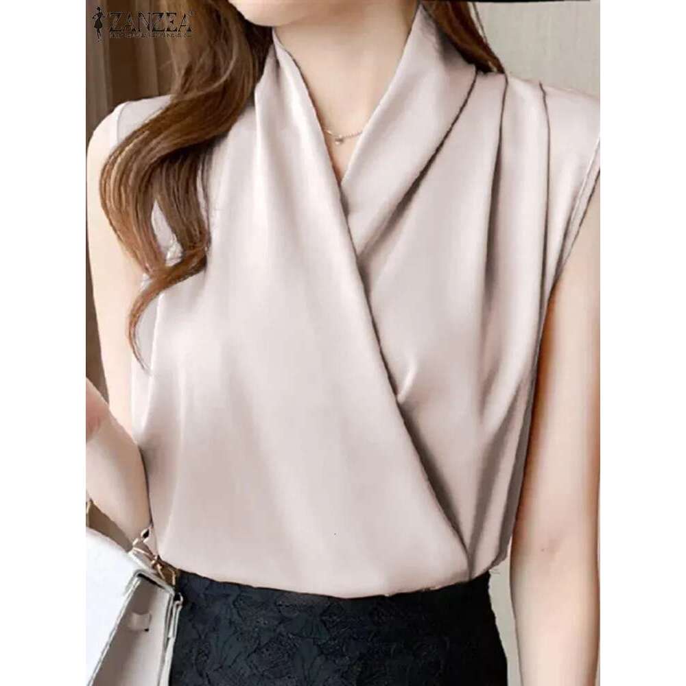 Elegant V Neck Sleeveless Satin Blouse 2024 ZANZEA Summer Women Office Work Tops Female Casual Solid Pleated Shirt Blusas Mujer