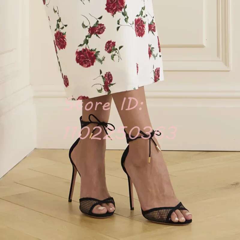 Solid Mesh Ankle Ties Stiletto Suede Round Toe Metal Decor Lace-up Thin Cover Heels Sandals 2024 Lady Elegant Shoes