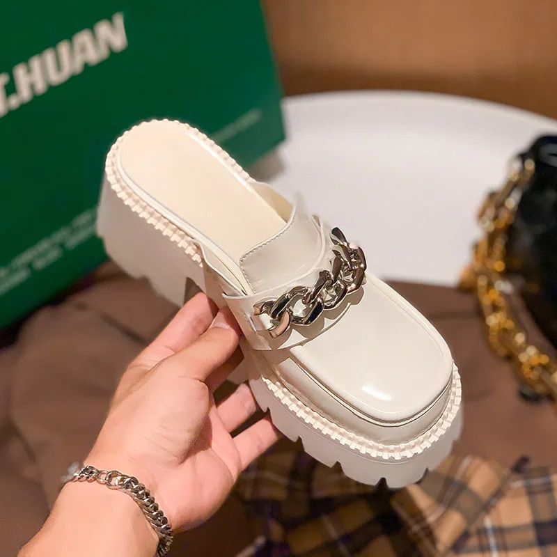 House Slippers Platform Female Shoes Square Heel Slides Fashion Loafers With Cover Toe Women Heels Block High Slides 250213