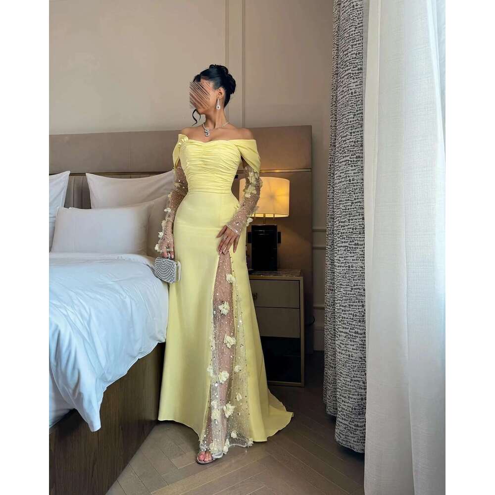 Shoulder Off Prom Dresses Yellow Wers Pleated Evening High Split Or Length Saudi Arabia Party Dress Customized