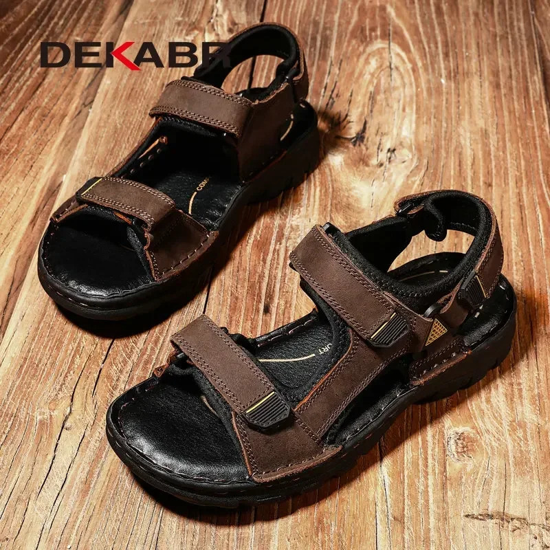 DEKABR Men Genuine Leather Sandals Summer Beach Breathable Fisherman Shoes Slipper Style Soft Bottom Flat Shoes Plus Size 38~48 250217