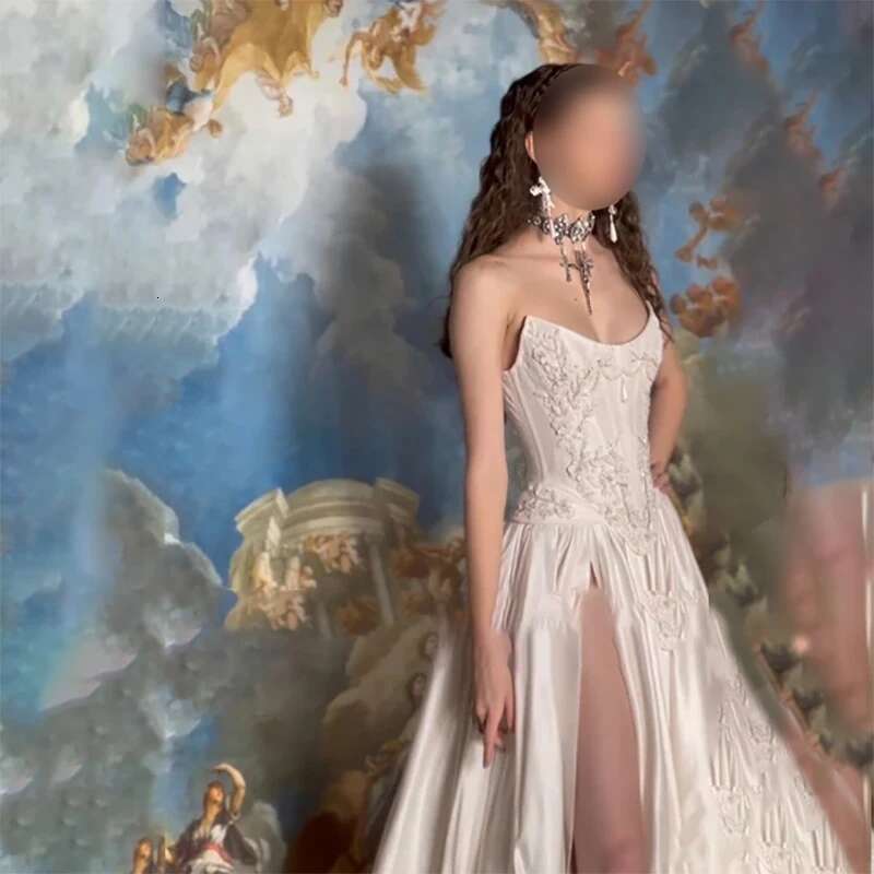 Strapless White Sleeveless wedding Dress A E Or Length Side Slit Stain Custom Made Gowns Ocn Customized ized