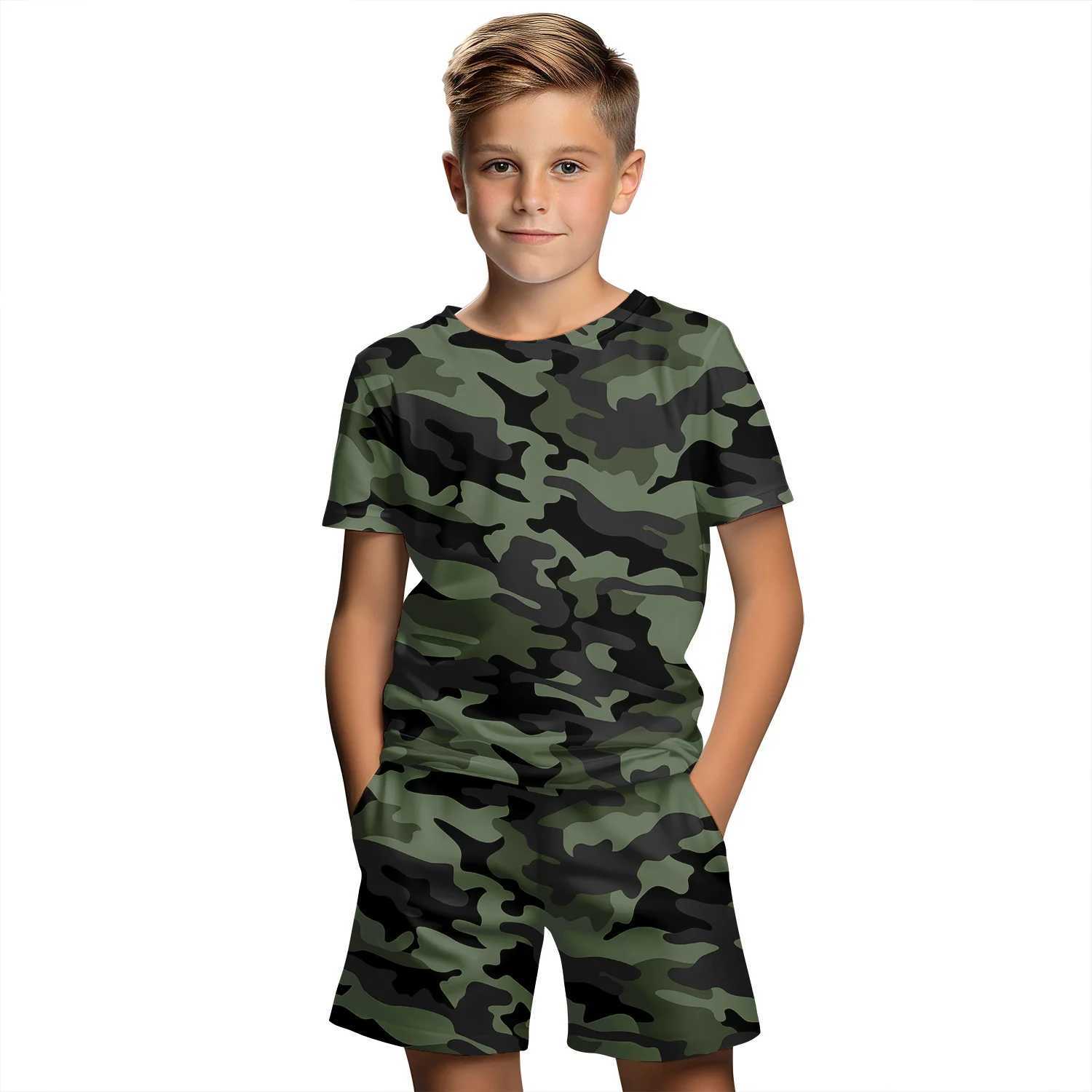 Childrens clothing set boys 3D camouflage printed summer short sleeved T-shirt set boys clothing set girls childrens clothing set W250218