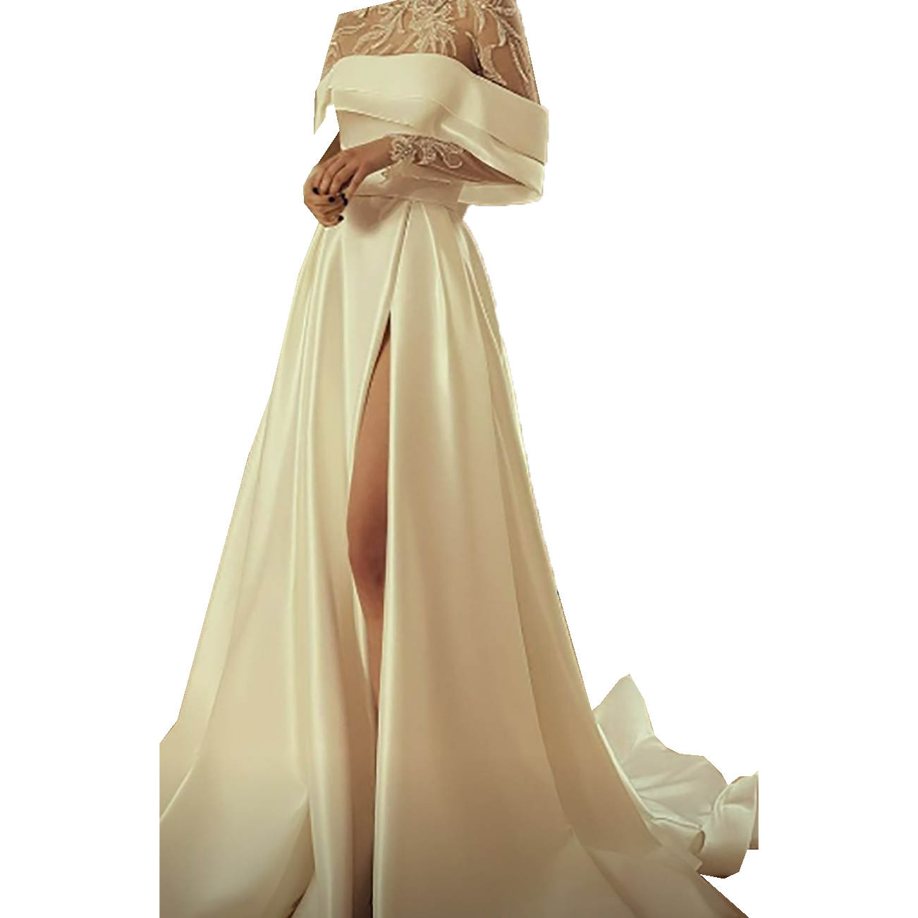 Classic Simple A-Line Tulle Prom Dresses Satin Evening Party Dresses Floor-Length Off The Shoulder Gowns With High Split Special Occasion Customized V