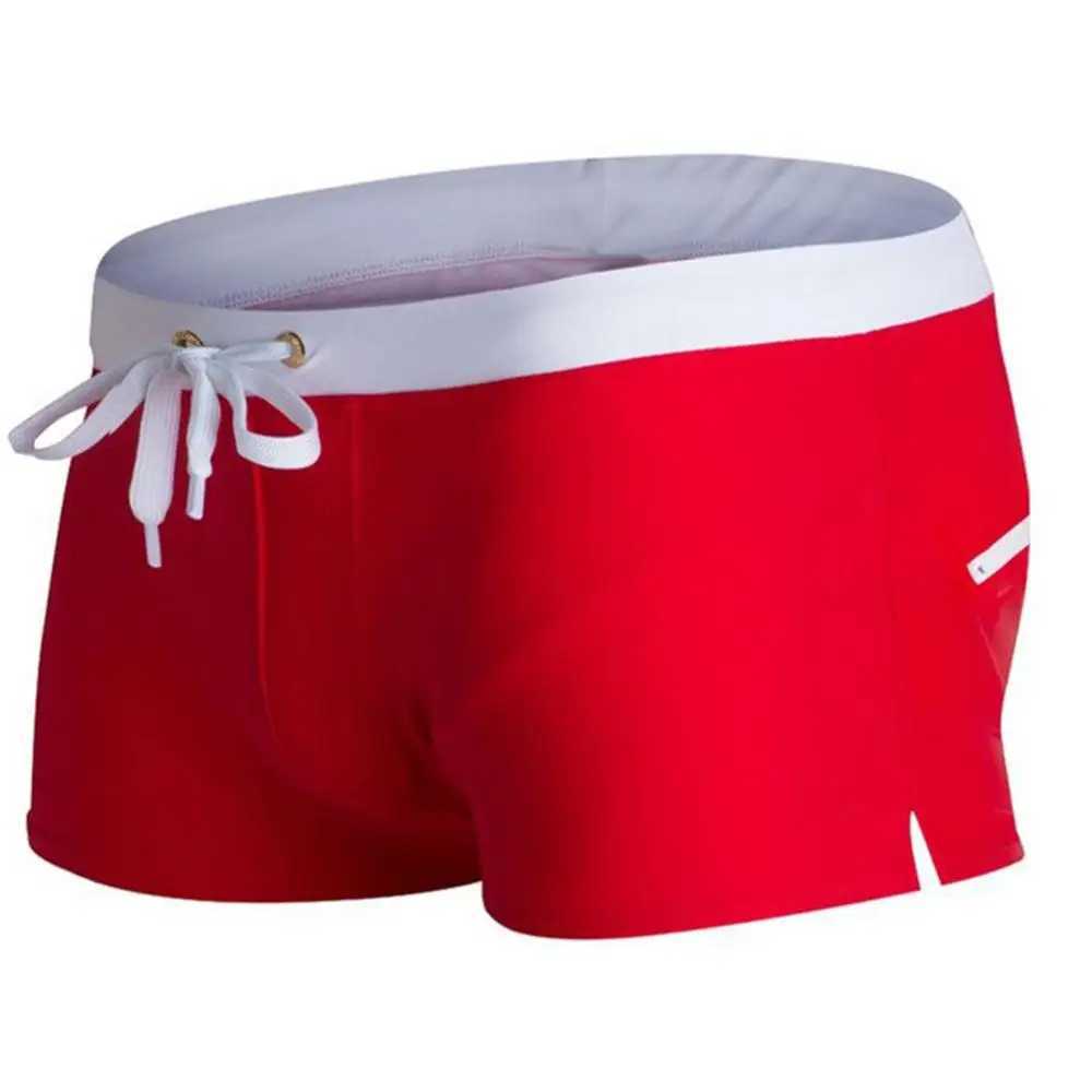 Sexy tight bright red block zipper pocket drawer mens underwear beach swimsuit shorts swim trunks M250218