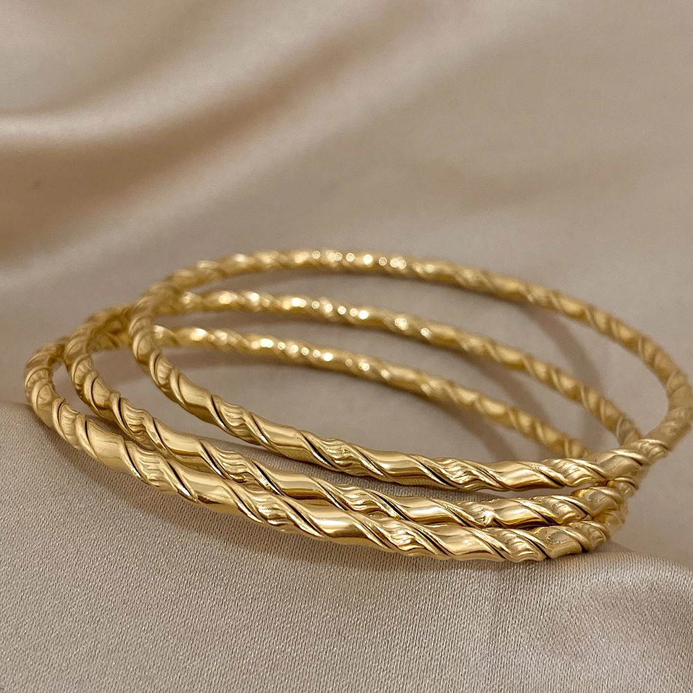 3pcs Gold Color Twist Stainless Steel Bangle Bracelet Chic Classic Tibetan Buddha Golden Stacked Bangles For Women 250213