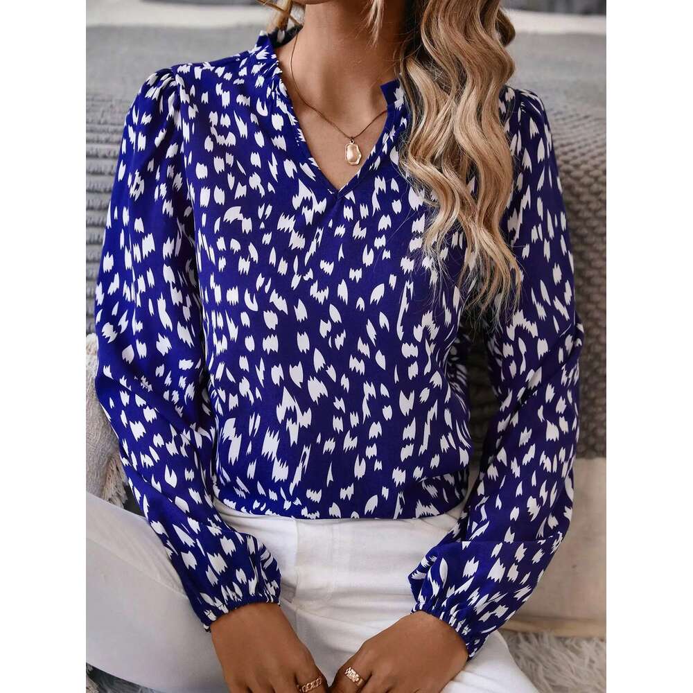 Elegant Notched V-Neck Long Sleeve Full Printed Casual Fashion Women's Shirt