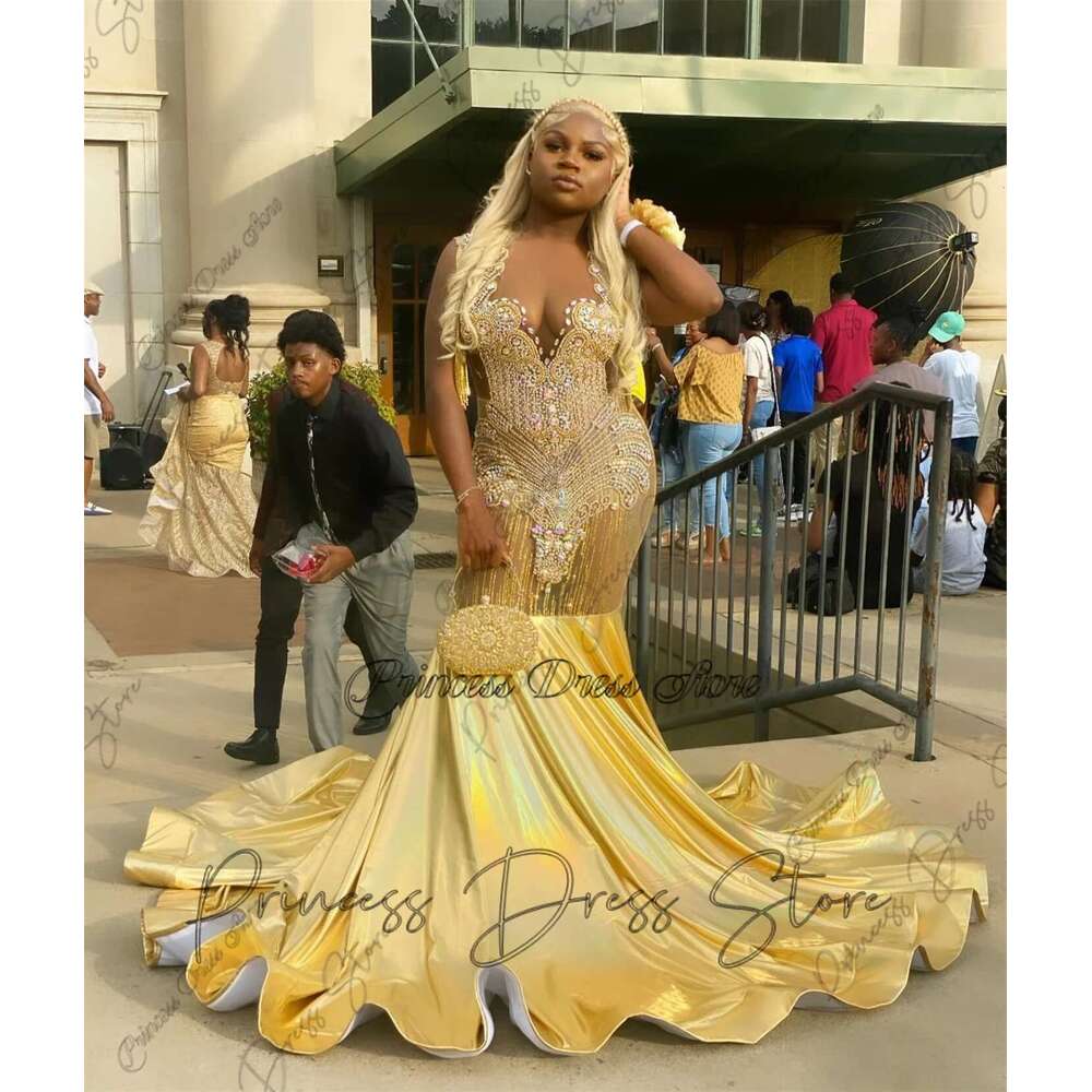 Crystal Shiny Prom For Black Girls Mermaid Style Rhies Party Evening Gowns Graduation Dress Customized