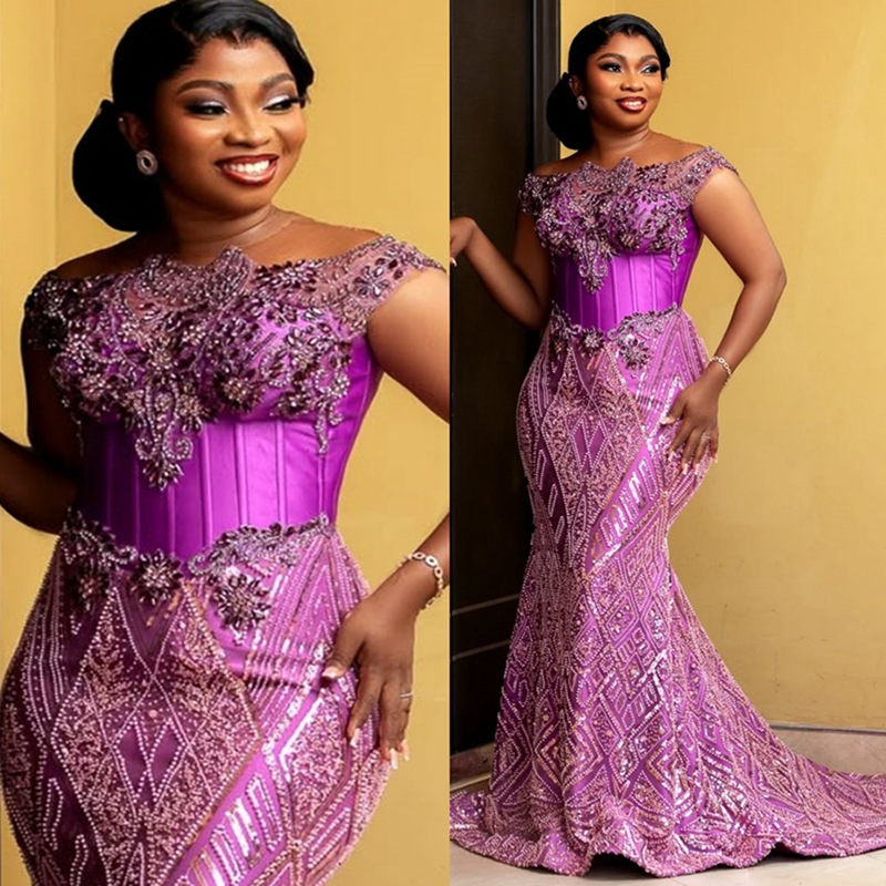 2025 Plus Size Purple Prom Dresses Mermaid Evening Dresses Sheer Neck Short Sleeves Beaded Lace Rhinestones Birthday Dress Second Reception Gowns AM21