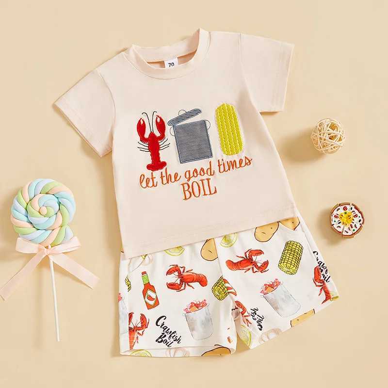 Childrens Summer Ensemble Embroidered Short Sleeve Tee with Lobster Design Shorts Set for a Slish Look W250218