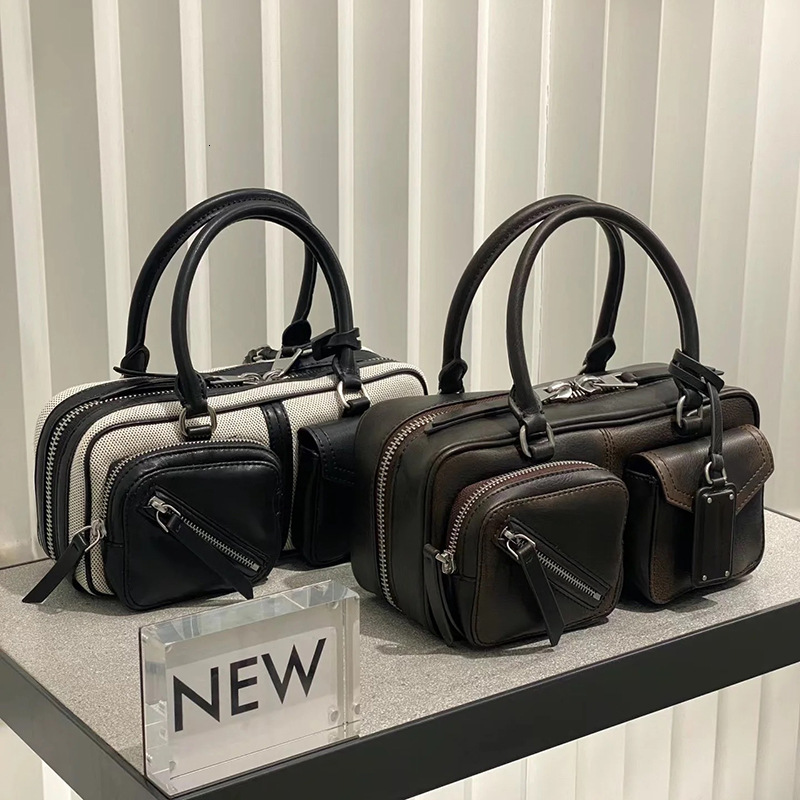 Designer Designer Small Niche Women's Fashionable Vintage Motorcycle Bag, Casual Versatile Canvas Splicing, Single Shoulder Crossbody Handbag, Tr