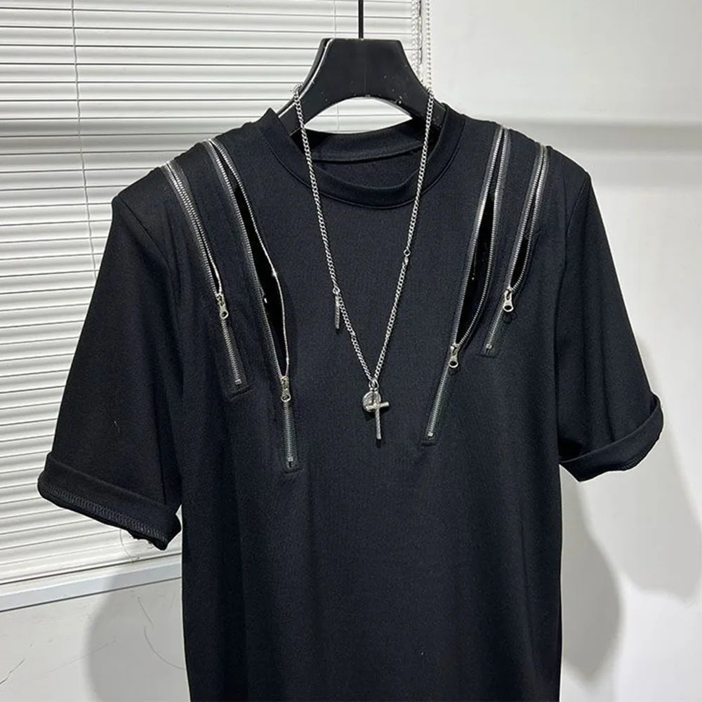 Mens Irregular Zipper Splicing T-Shirt Genderless Fashion Personality Casual Versatile Short-Sleeved Top For Men 250217