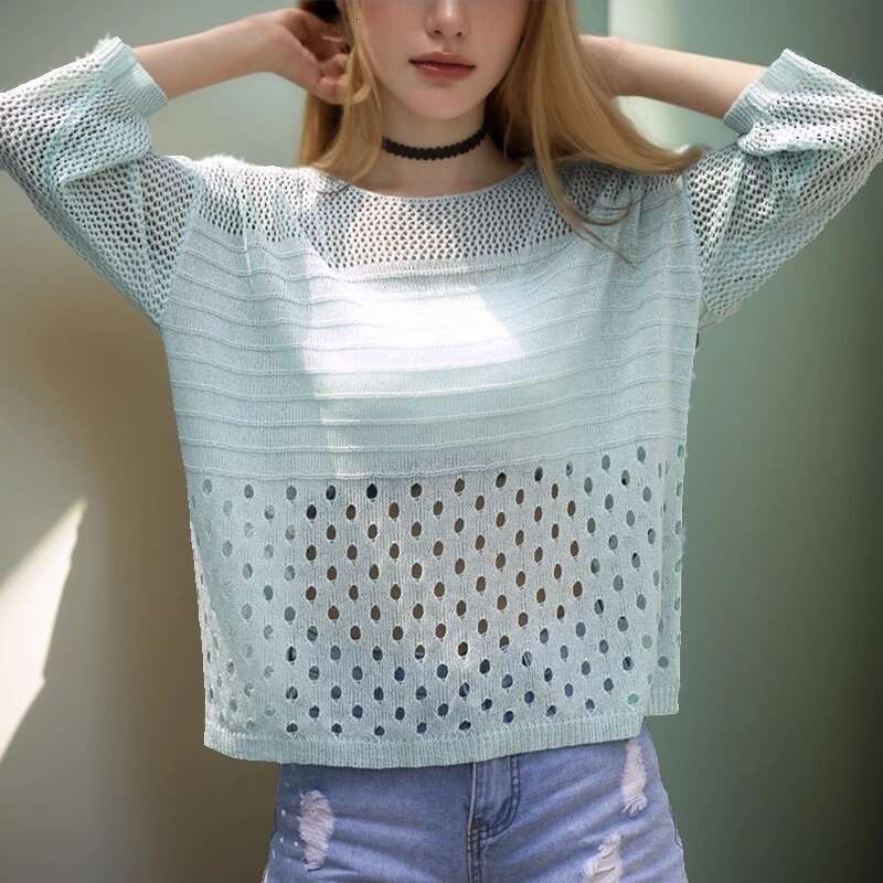 Spring And Summer New Ice Silk Hollow Out Knitted Top Thin Bottoming Sg Streetwear Womens Clothing White Shirt Elegant Blouse