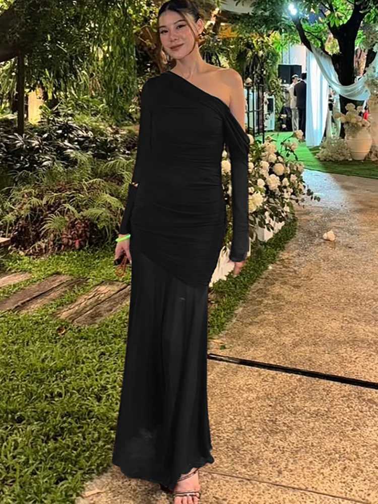 Basic Casual Dresses Fantoye Sexy One Shoulder Mesh Maxi Dress For Women Coff Long Slve Evening Dress Female Winter Skinny Elegant Party Clubwear H252