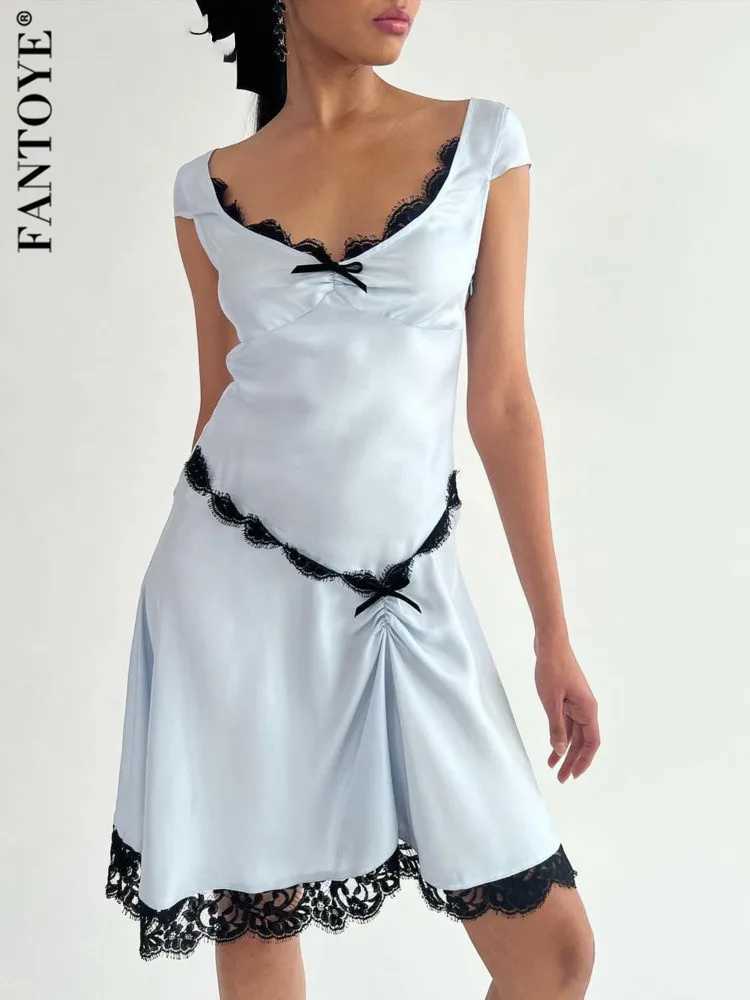 Basic Casual Dresses Fantoye Satin Patchwork Lace Women Dress Blue Short Slve Square collar Dress Female Spring Slim Casual Elegant Strtwear 2023 H252